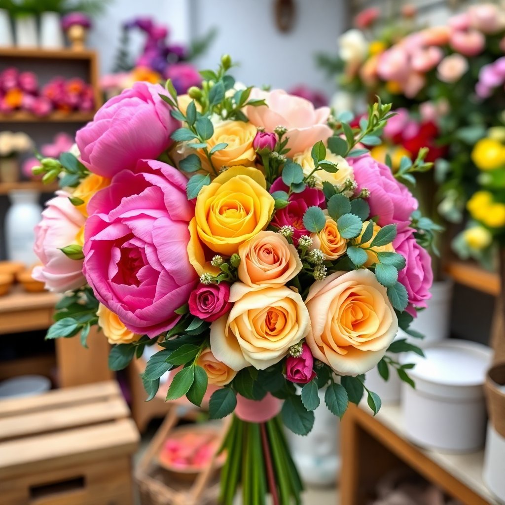 vibrant colorful hand-tied flower bouquet with peonies, roses and eucalyptus, florist workshop setting, artistic floral arrangement, 8k high quality
