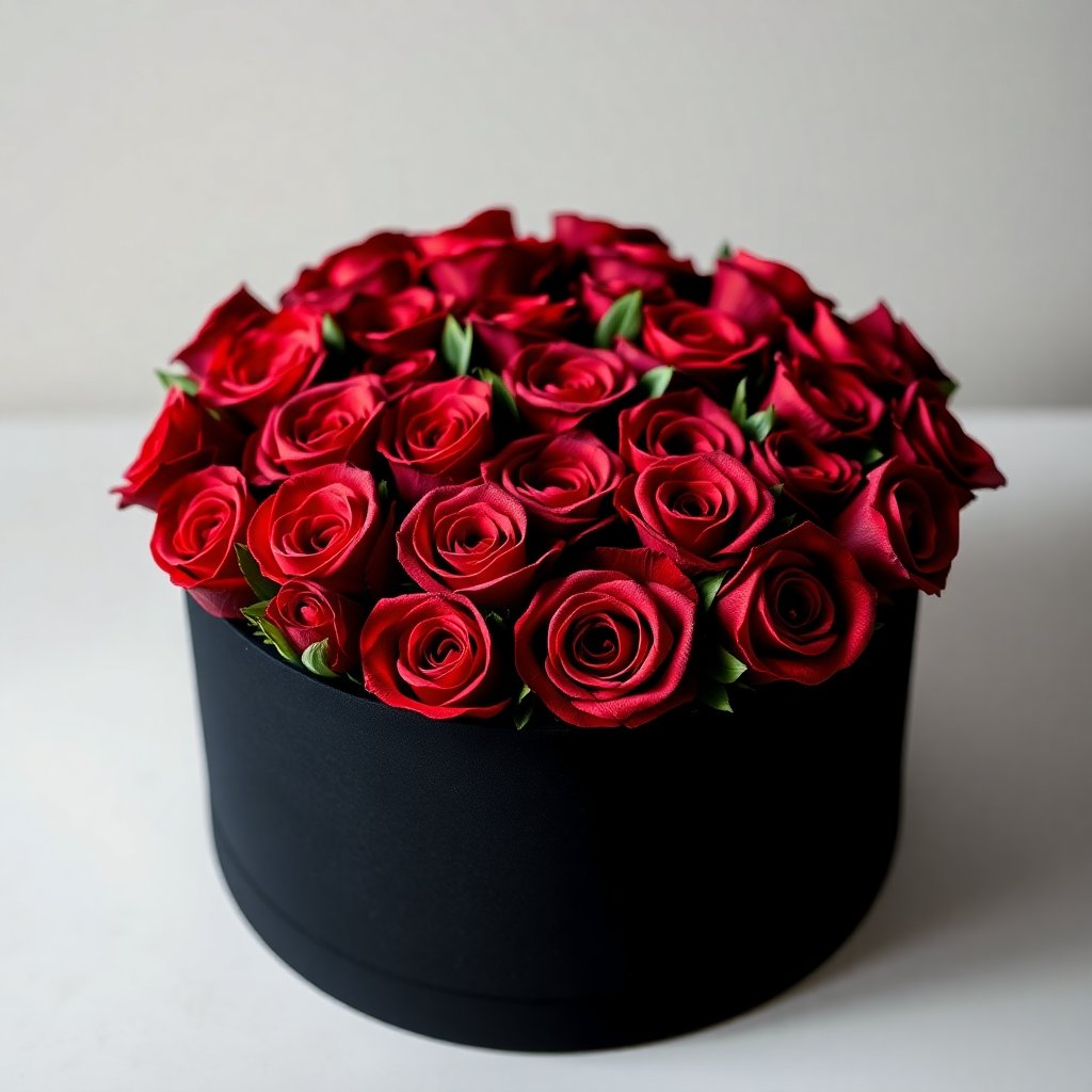 luxury black velvet flower box filled with deep red roses, elegant sophisticated gift, high-end florist product, 8k high quality