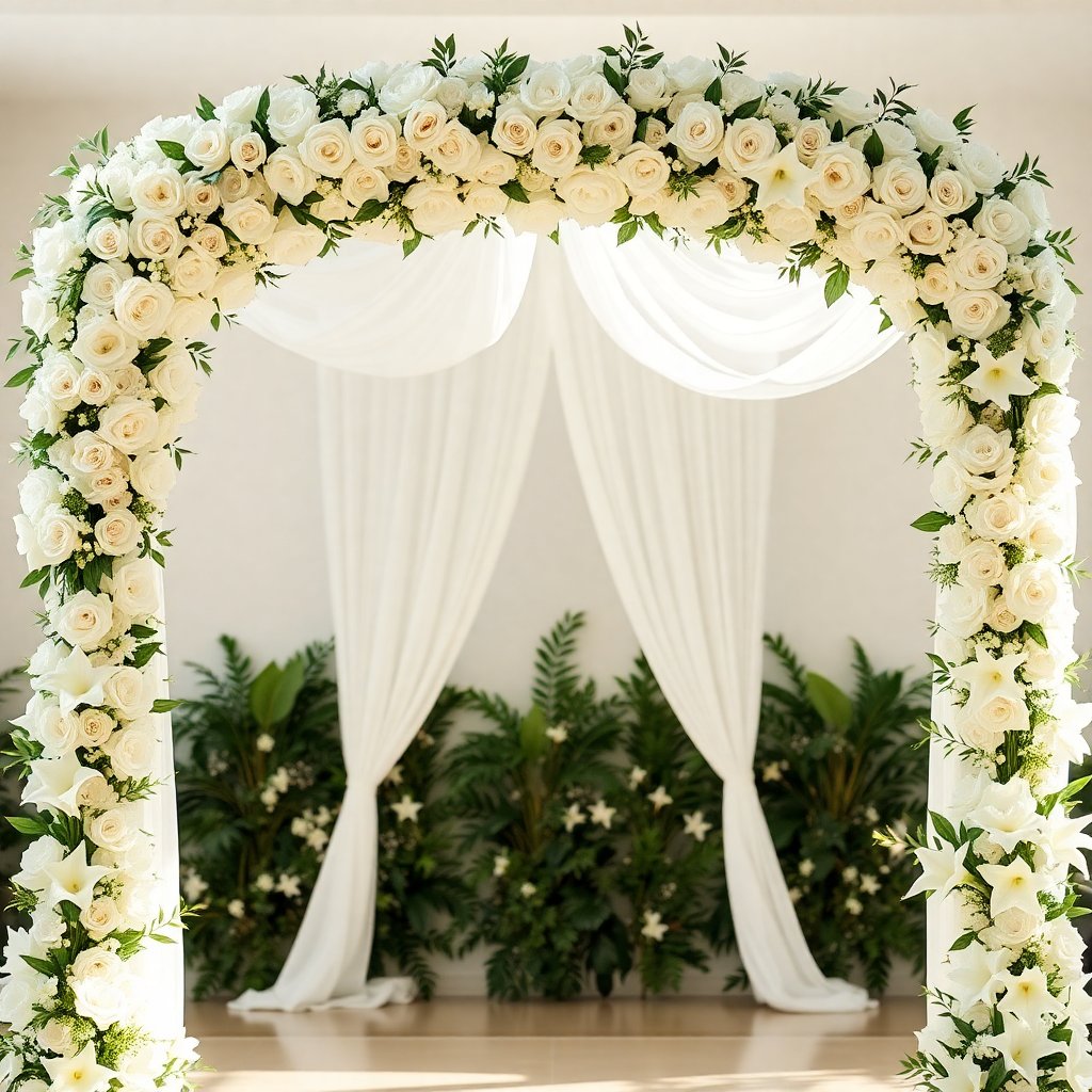 elegant romantic wedding arch decorated with white roses and lilies, soft natural lighting, professional floral design photography, 8k high quality